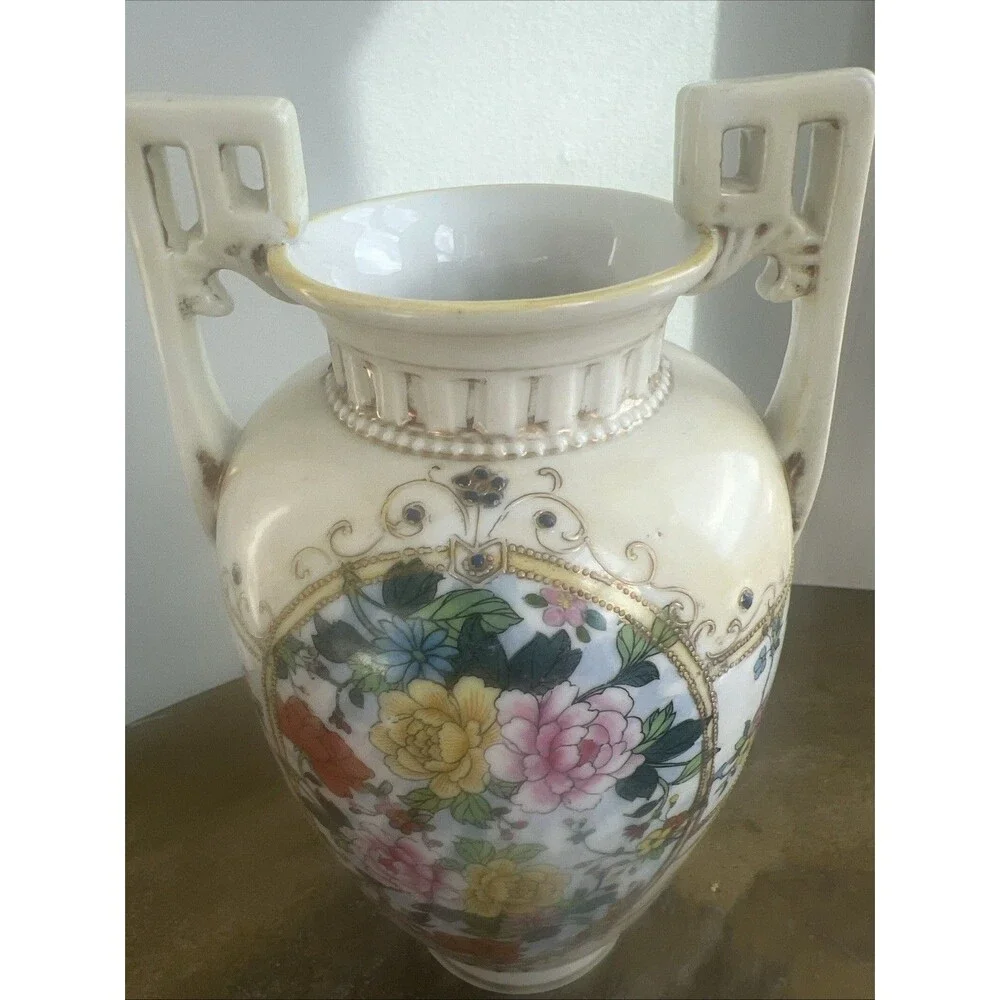 Antique Nippon Hand Painted Porcelain Vase Floral Gold Moriage Handles